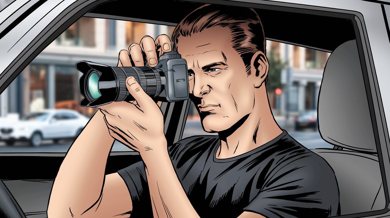 Illustration eines Privatdetektivs mit Kamera im Auto; Privatermittler Bochum, Detektei Bochum, Detektivagentur Bochum